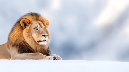 Majestic male lion with a regal mane resting calmly in a serene bright natural environment