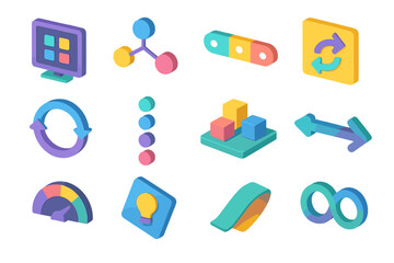 3D Isometric Collaboration Icons. Networked Collaboration Models flat isometric set: remote hub tile, shared-task node, multi-channel link bar, async flow cue, version-sync ring,