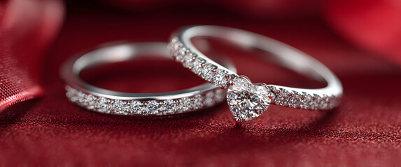 2 white gold engagement rings with diamonds and a heart-shaped ribbon on a red background. Romantic wedding jewelry background.