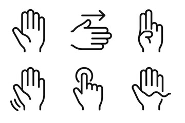 Obraz premium Air Gesture Icons. Air-Gesture Control Elements linear set: open hand, directional sweep, pause gesture, detection beam, trigger circle, interface wave.