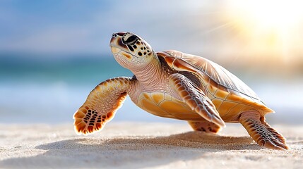 Majestic sea turtle gracefully crawls on sandy beach with sunlight background