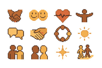 Human Connection Icons. Human Connection pixel style set: linked hands, shared smile, heart line, open arms, conversation bubbles, gentle touch, unity circle, warm glow, supportive