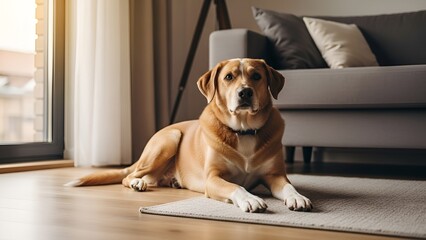 Relaxed Dog Resting on Rug in Modern Living Room with Natural Light 