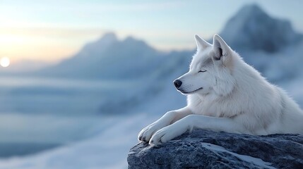 Majestic white wolf resting peacefully on a rocky peak overlooking a serene snowy mountain range