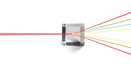 A single ray of red light passes through a prism and refracts into multiple colors against a clean white background