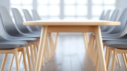 Minimalist design featuring a light wood table surrounded by gray chairs in a bright room