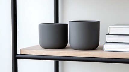 Minimalist home decor featuring dark grey ceramic containers and stacked books on a modern wooden