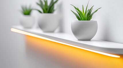 Minimalist home decor featuring green potted plants on a shelf with warm LED lighting creating a