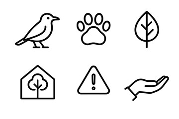 Endangered Species Icons. Endangered Species Awareness linear set: rare bird silhouette, gentle paw print, fragile leaf, habitat icon, warning triangle, conservation hand.