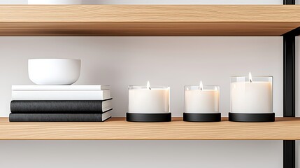 Minimalist home decor with lit candles, books, and a bowl on a light wooden shelf