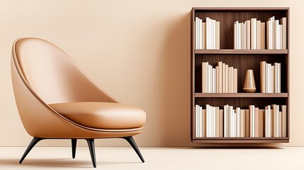 Minimalist interior with a brown armchair and a bookshelf filled with books for reading