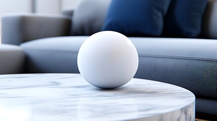 Minimalist white sphere on a elegant marble table in a modern living room interior design