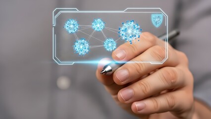 A brightly illuminated, futuristic holographic display showing a network of interconnected glowing blue spheres representing data or viruses, is being touched by a human hand holding a sleek silver