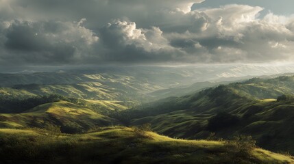 Dramatic mountain landscape with sunlight breaking through clouds