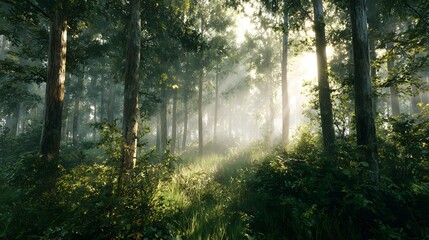 Obraz premium Forest landscape with morning mist and soft sunlight filtering through trees