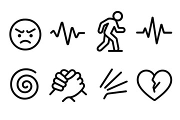 Emotional Tension Symbols. Emotional Tension Symbols linear set: furrowed brow, shaking line, hesitant step, flutter pulse, uneasy swirl, clenched hands, sharp breath mark,