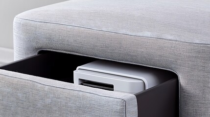 Modern grey fabric ottoman with hidden white gaming console inside a pull-out drawer for organized