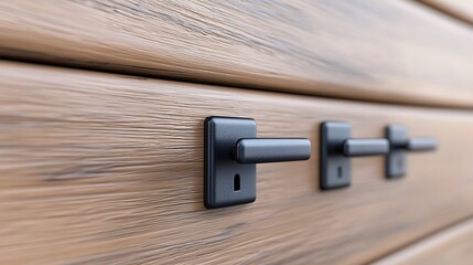 Modern minimalist black handles on a textured wooden surface showcasing contemporary design