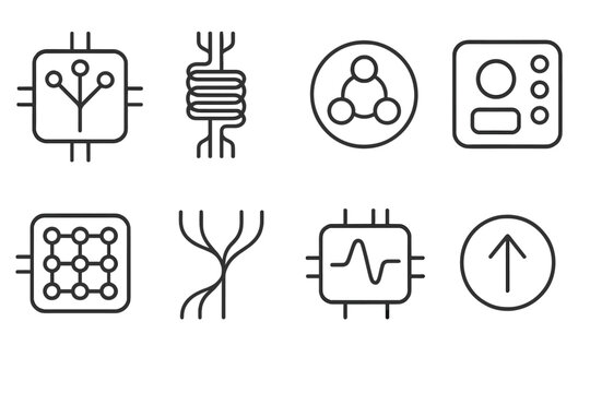 Bio-Mimetic Technology Icons. Bio-mimetic processing units linear set: neural node tile, adaptive signal coil, bio-inspired circuit loop, sensory input pad, pattern recognition