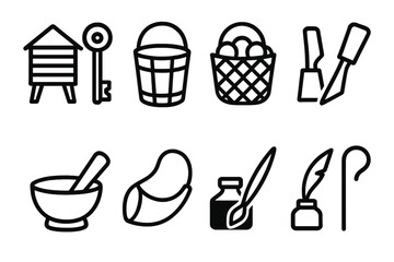 Ancestral Community Icons. Ancestral Community Functions linear set: granary keeper key, well attendant bucket, gatherer basket, artisan chisel, healer’s mortar, messenger horn,