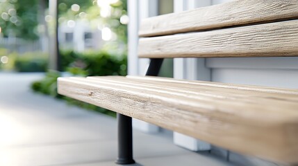 Modern wooden park bench with natural wood texture and blurred green background outdoor on a sunny