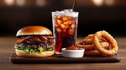 Mouthwatering burger, crispy onion rings, and a refreshing soda pop combo meal
