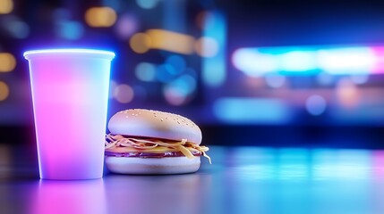 Neon Night: A Vibrant Hamburger and Drink Scene with Retro Cityscape Backdrop