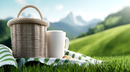 Peaceful picnic setting with a wicker basket and mug on a checkered blanket amidst stunning green