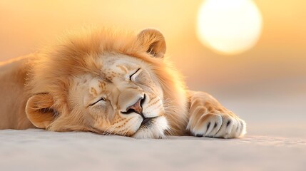 Peaceful slumber of a majestic lion basking in the warm golden glow of a serene sunrise or sunset