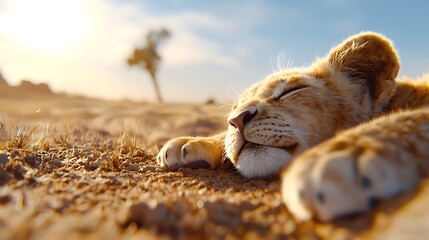 Peaceful slumber of a majestic lion cub resting on the warm savanna ground under a golden sky