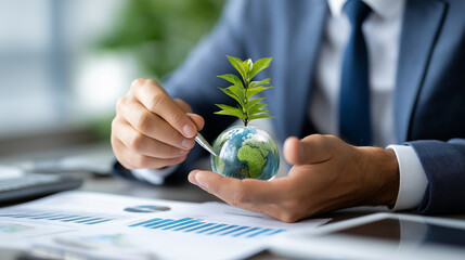 Creating eco-friendly business strategy for achieving global net zero carbon emissions, corporate sustainability plan, environmental business model, green economy approach, defocus