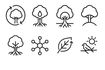 Tree Functions Icons. Ecological tree functions linear set: carbon cycle arrow, water transport path, root stabilization icon, canopy shelter, biodiversity node, nutrient return