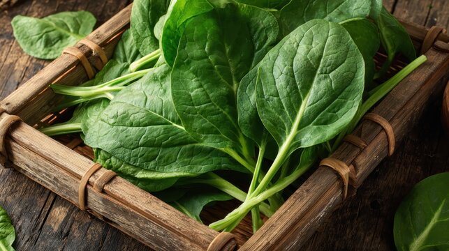 Fresh spinach leaves displayed inside a rustic bamboo basket