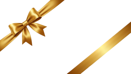 Golden ribbon with bow on transparent background for gift wrapping