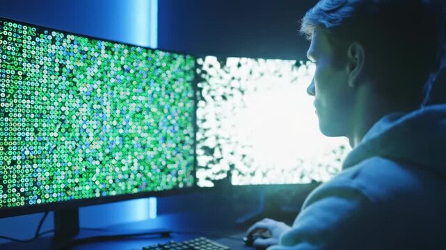 Individual Working with Multiple Monitors Displaying Green Code in a Dark Room