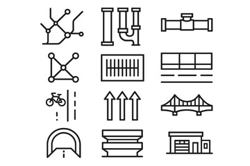 Urban Infrastructure Icons. Urban Infrastructure Systems linear set: transit line map, utility conduit, water main pipe, electrical grid nodes, storm drain icon, sidewalk layout,