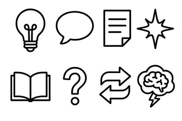 Creative Idea Icons. Idea sharing set linear set: lightbulb, speech bubble, note sheet, spark icon, open book, question mark, chat arrows, brainstorm cloud.