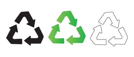 Recycle icon set with solid black, green gradient, and outline symbols