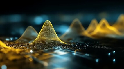 Abstract glowing peaks emanate from a textured surface, set against a dark backdrop