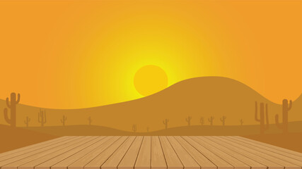 An empty wooden table, an empty wooden board, a background view of a sunset with Mexican 