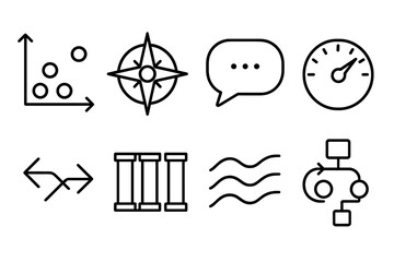 Strategic Planning Icons. Comprehensive Evaluation Set linear set: impact matrix, scenario compass, qualitative insight bubble, quantitative metric dial, trade-off arrows,