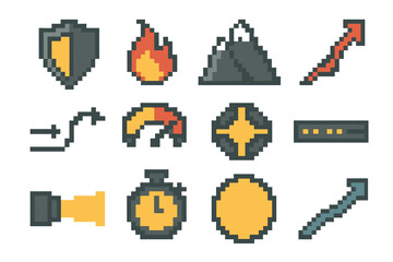 Mental Strength Icons. Mental Perseverance pixel style set: resilience shield, steady flame, challenge mountain, persistence arrow, obstacle bypass line, endurance meter, inner