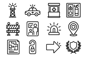 Urban Safety Icon Set. Urban Safety Infrastructure linear set: emergency siren tower, patrol car icon, first-aid kiosk, fire suppression panel, hazard barrier, safety check zone,