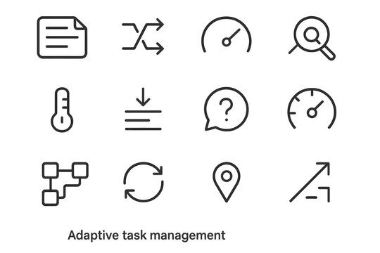 Adaptive Task Icons. Adaptive Task Management linear set: flexible plan card, priority shuffle arrows, effort allocation gauge, focus shift lens, capacity meter, step