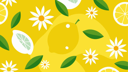 Lemon and daisy pattern on yellow background
