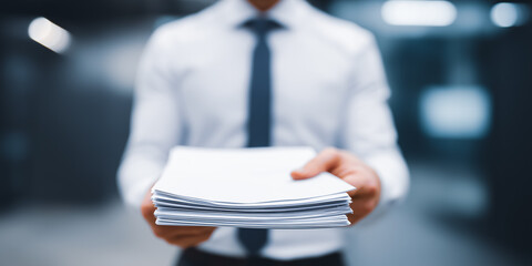 A business professional extends a stack of documents with a focused gaze and poised demeanor. Presenting a collection of important papers, symbolizing professionalism.