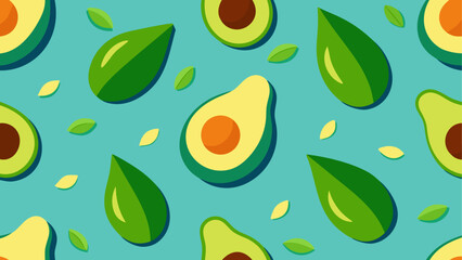 Avocado halves and leaves seamless pattern