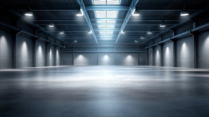 Naklejka premium A large, empty warehouse with a lot of light shining on the floor