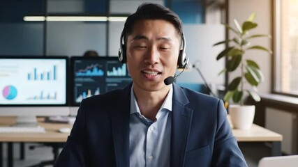 Focused Asian businessman wearing headset speaks during video conference call about business plans - Powered by Adobe