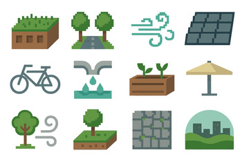 Eco-Friendly Urban Icons. Environmental Urban Balance pixel style set: green rooftop, tree-lined street, city breeze swirl, solar panel tile, bike lane marker, water runoff channel